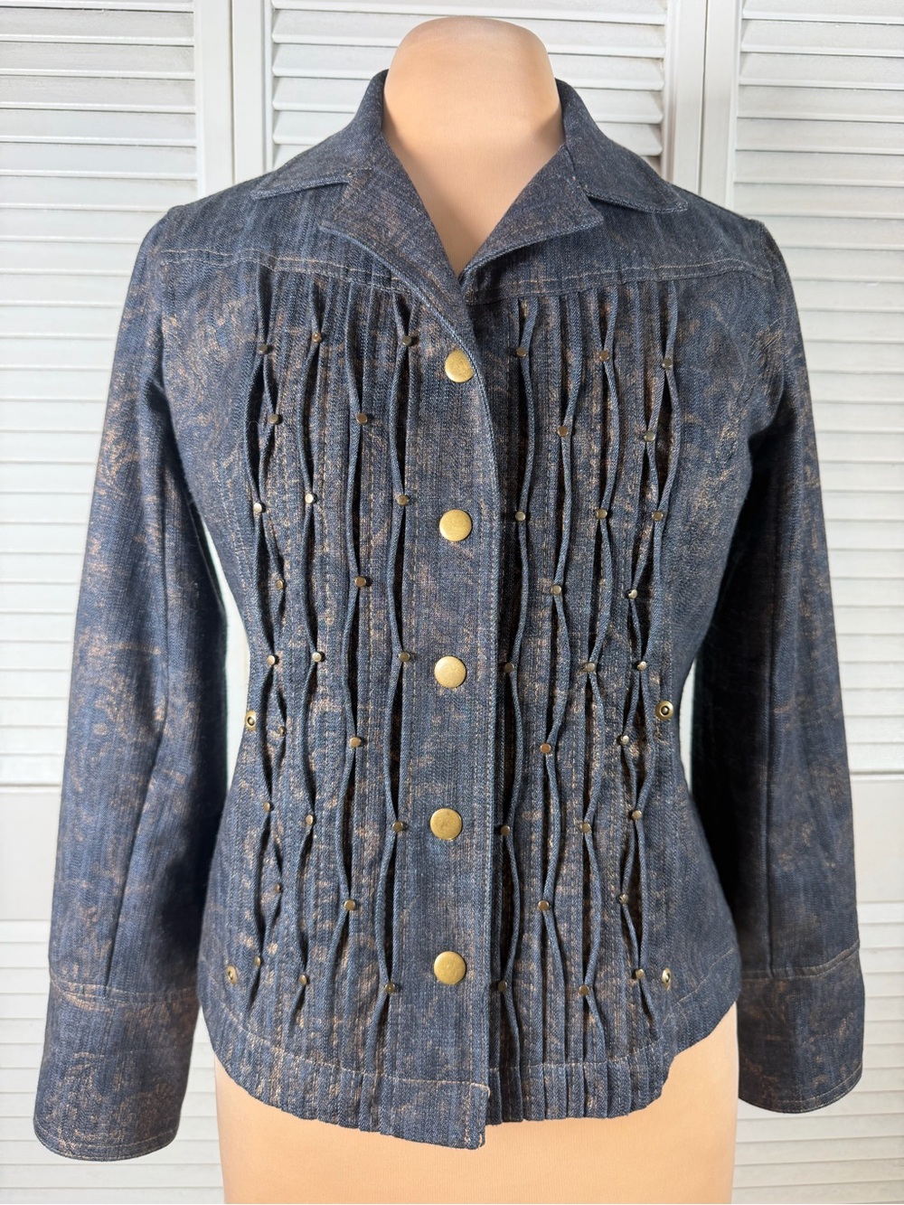 Coldwater Creek Classic P6 Denim Jacket Metallic Floral Smocked Studded